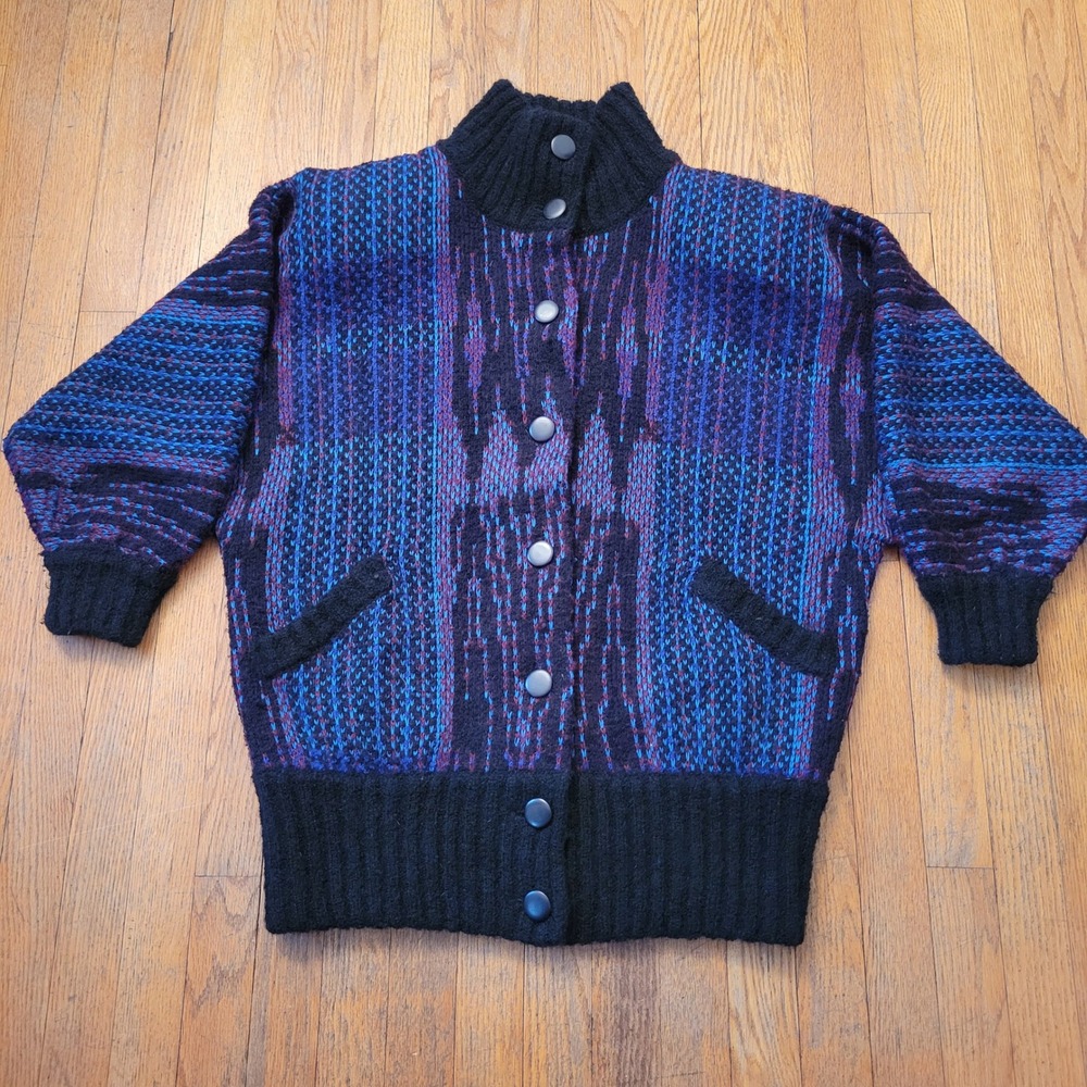 PGE Oversized S Cardigan Sweater Blue Purple Abstract Mohair Vtg 80s Cozy Layer